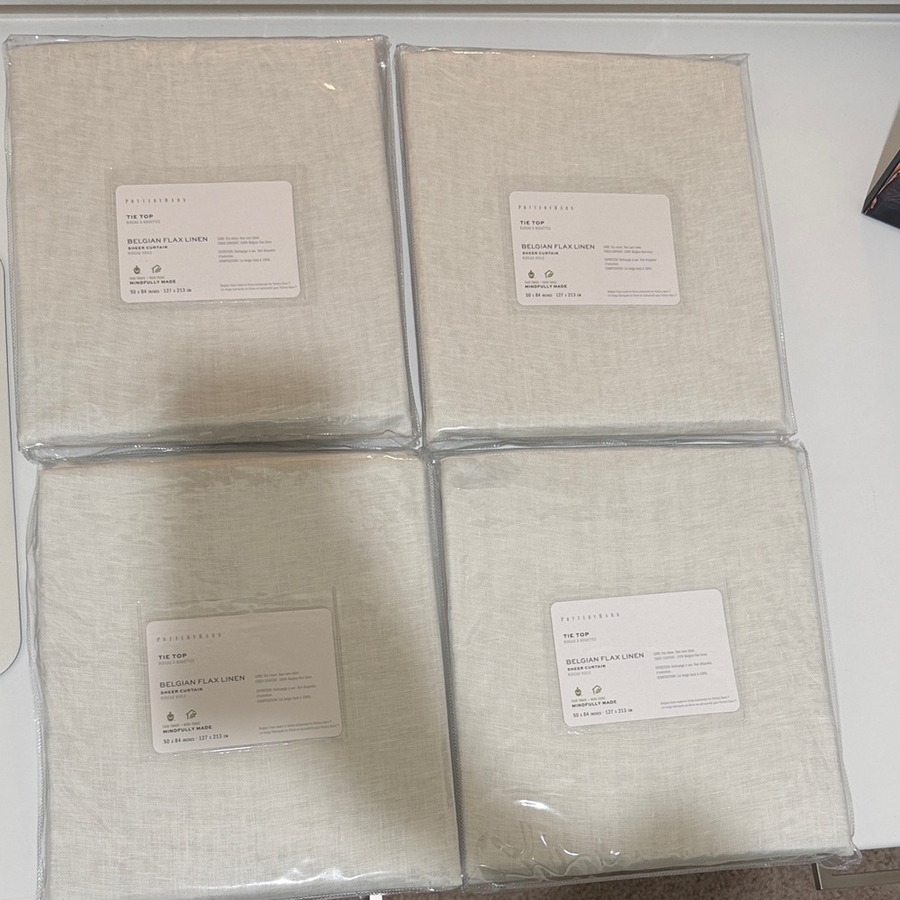 Pottery Barn Belgian Flax Linen Tie Top Sheer Curtains (Set of 4)